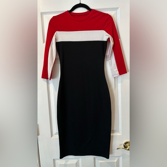 Zara Color Block Midi Dress Round Neck 3/4 Sleeves - Picture 2 of 4